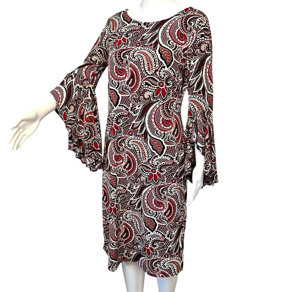Shelby & Palmer Paisley Bell Sleeve Dress Size 10 Stretch Knit Boho Mod Retro - Picture 2 of 13